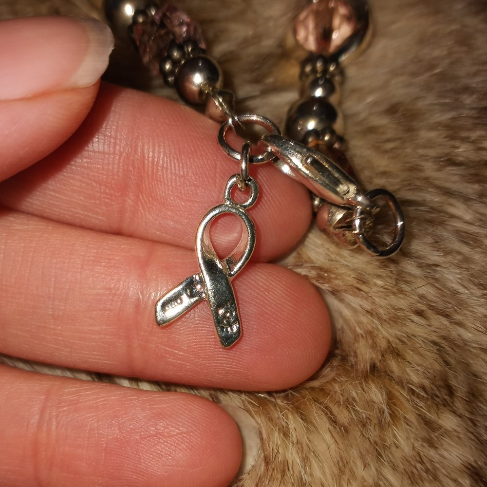 Sterling Breast Cancer Awareness Bracelet Stretchy Dangle Wear Pink 925 - Picture 6 of 7